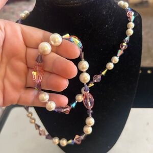 Vintage Signed Vendome Cocktail Crystal/Faceted Glass/Faux Pearl Necklace-Long